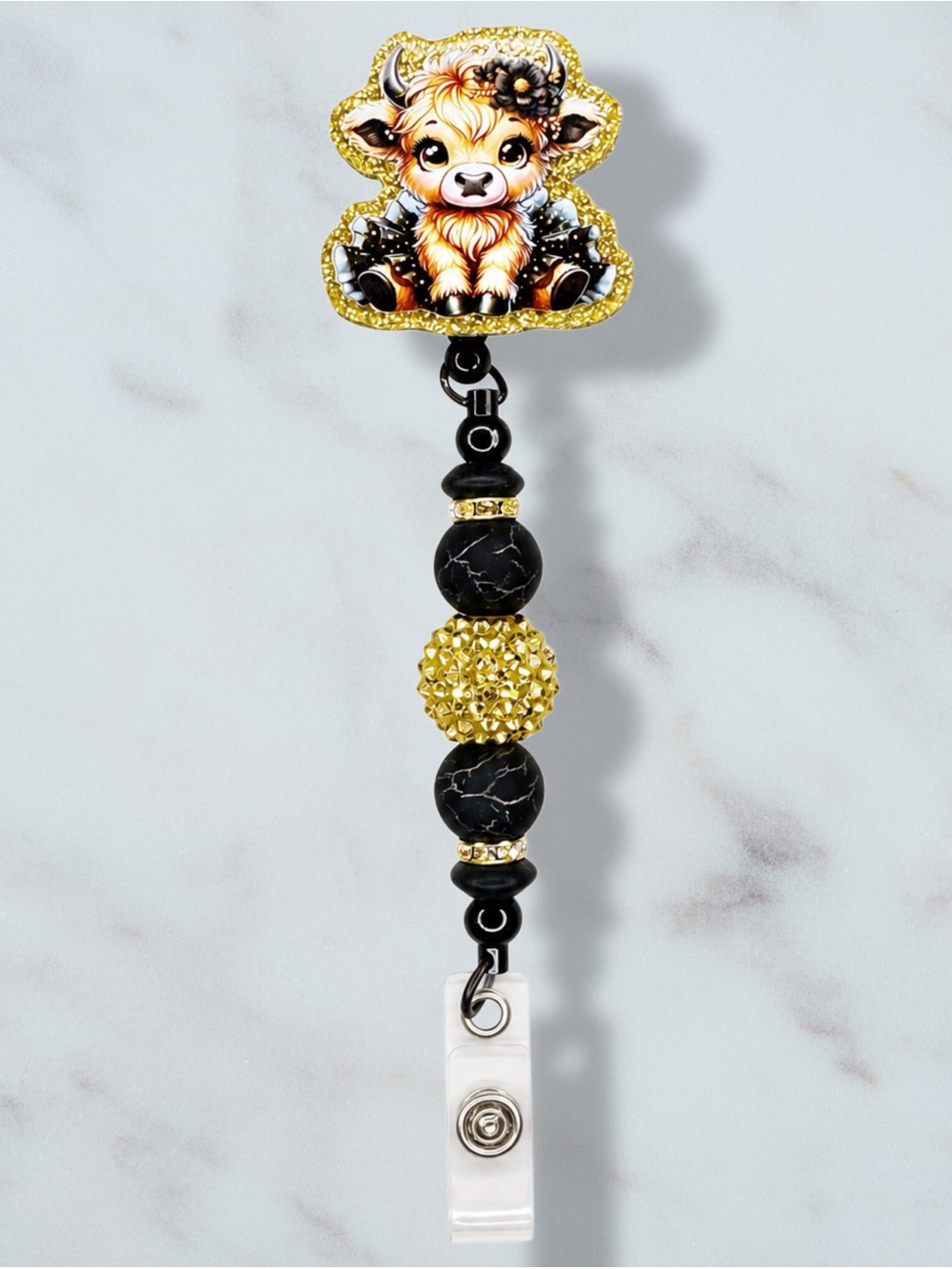 Highland Cow Black/Gold Floral Bow & Tutu Beaded Badge Reel